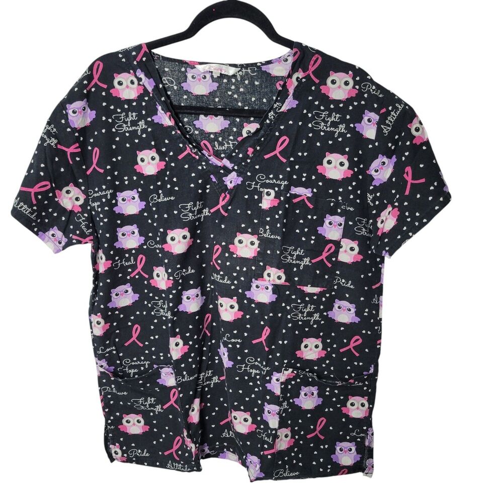 Scrubs Womens Sz L Black Owl Short Sleeve Scrubs Top
